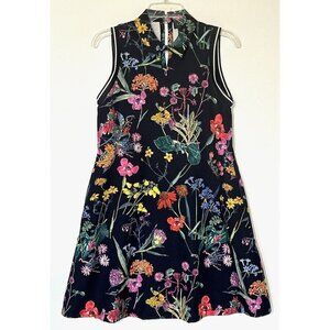 New Gracia Black Floral Print Stretch Sleeveless Polo Tennis Dress
